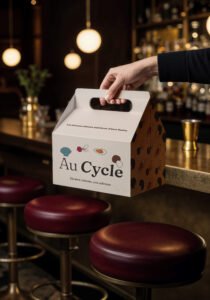 Boîte anti-gaspi Au Cycle, packaging identité visuelle restaurant engagé.