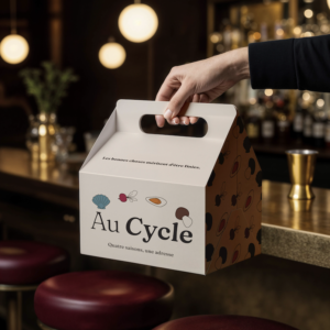 Boîte anti-gaspi Au Cycle, packaging identité visuelle restaurant engagé.